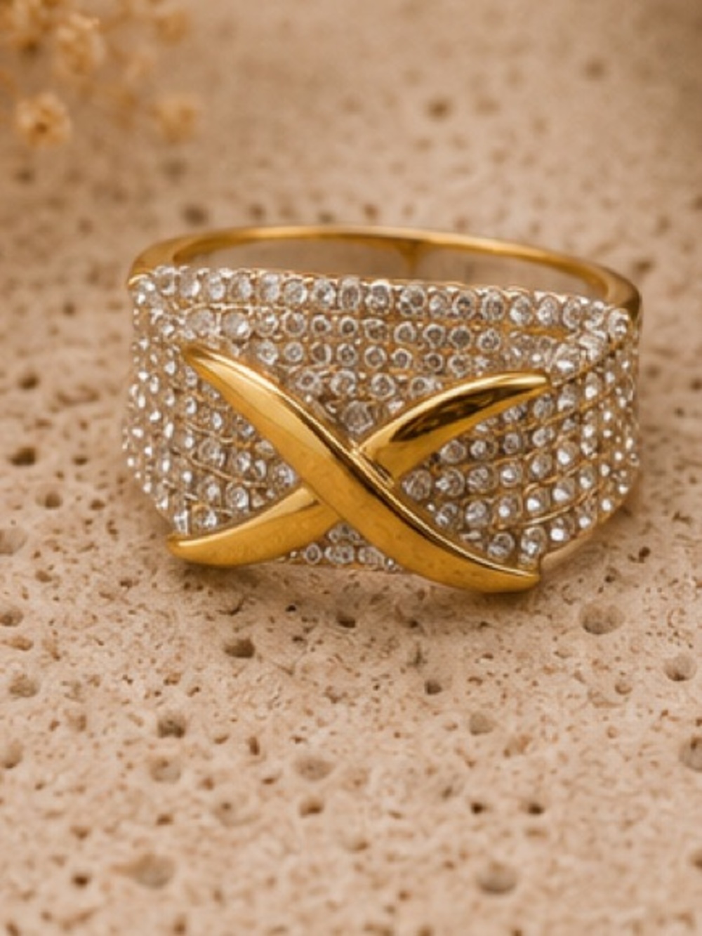 Luxe Gold Crystal Pavé X Ring